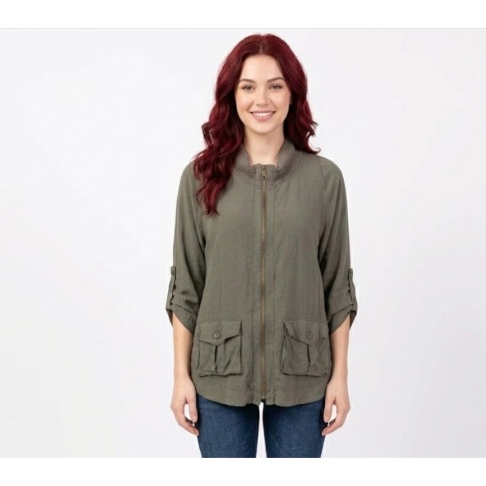 XCVI Dark Gray Full Zip Ultra Soft Pockets Rolled‎ Tab Light Jacket Medium